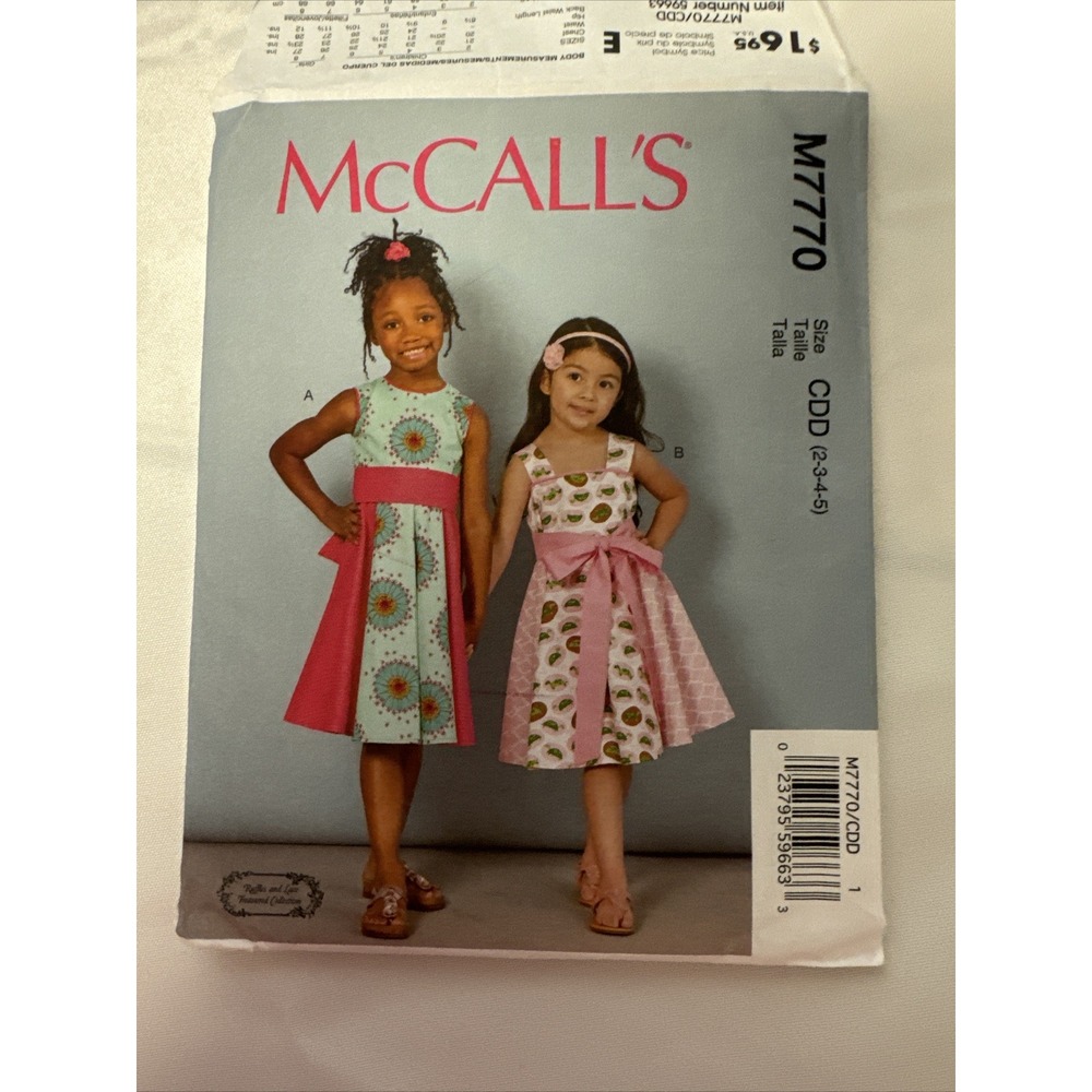McCall's Pattern M7770 Sz 2-5 Girls Lined Dress Back Button Sash Uncut NEW